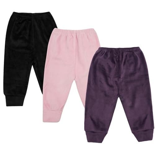 CLAP Unisex Baby Winter Pants Fleece Warm Pajamas Super Soft Multicolor Set of 3 (Purple Black Pink, 12-18 Months)