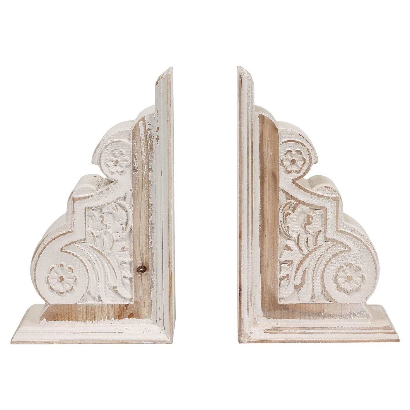 1 Pair Rustic Distressed Finish Wood Bookends White Bookends Decorative Unique Carved Pattern Farmhouse Book Ends for Shelves Bookends for Heavy Books Wooden Corbels for Home Room Decor