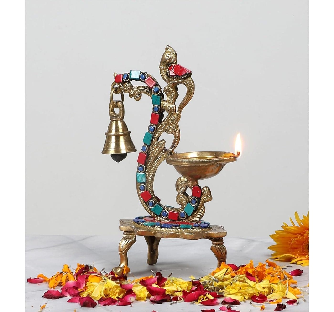 Two Moustaches Gemstone Work Ethnic Carved Peacock Design Brass Diya with Bell Brass Antique Oil Lamp Brass Diyas for Home Size 8 Inches Standard Pack of 1