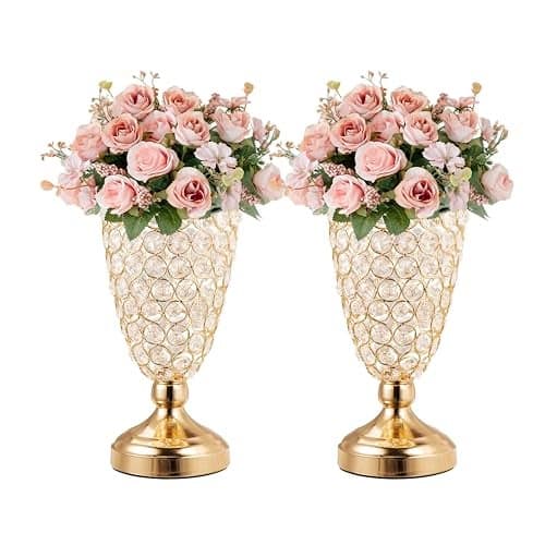 Gold Crystal Trumpet Floral Vase 2 Pcs Centerpieces for Wedding Table 106 Wrought Iron Crystal Vase Flower Vases for Party Dinner Centerpiece Event Anniversary Ceremony Birthday Home Decoration