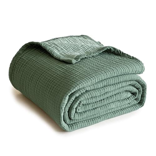 Simple&Opulence 100% Cotton Muslin Blanket King Size, Lightweight Breathable 4 Layering Gauze Blanket for Bed Couch Camping, Soft Bedspread Coverlet All-Season Use (Sage Green, 104" x 92")