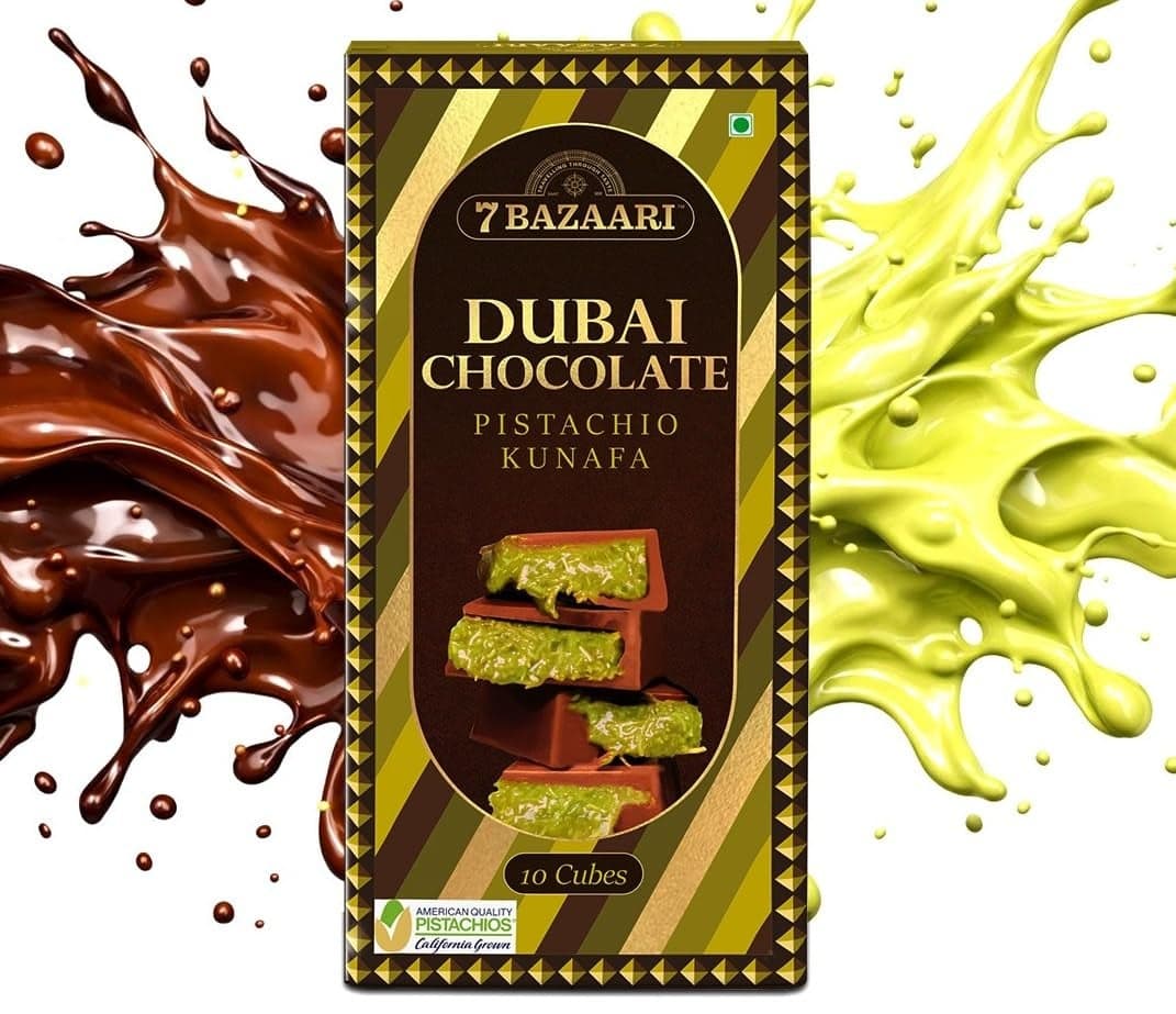 7 BAZAARI™ Dubai Chocolate Pistachio Kunafa Dessert | Viral Arabic Sweet | Milk Chocolate Stuffed Kunafa with American Pistachios | Crispy Knafeh Bites | Luxury Middle Eastern Dessert Gift Box, 10 pcs