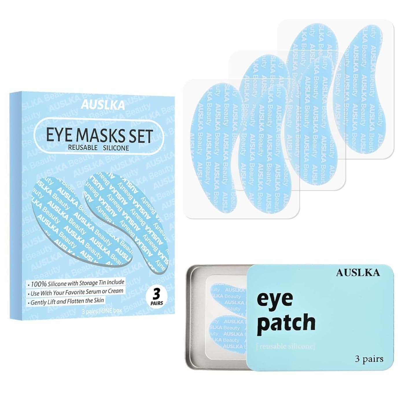 AUSLKA Reusable Under Eye Patches3 Pairs Silicone Reusable Eye Masks Reusable Eye Wrinkle Patches Silicone EyeFace Mask for Fine Lines Dark Circles Storage Tin Included