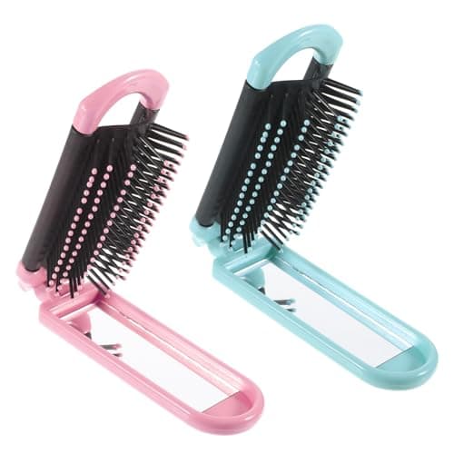 Foldable Hair Brush with Mirror 2 Pcs Portable Travel Hairbrush Antistatic Mini Hair Brush Pocket Size Compact Massage Comb Hairstyling Tools for Women Girls Home Travel Gym Purse Pink Ice Green