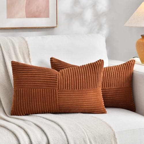 Fancy Homi 2 Packs Rust Lumbar Decorative Throw Pillow Covers 12x20 Inch for Couch Bed Sofa Rustic Farmhouse Boho Home Decor Soft Striped Corduroy Rectangle Accent Terracotta Cushion Case 30x50 cm