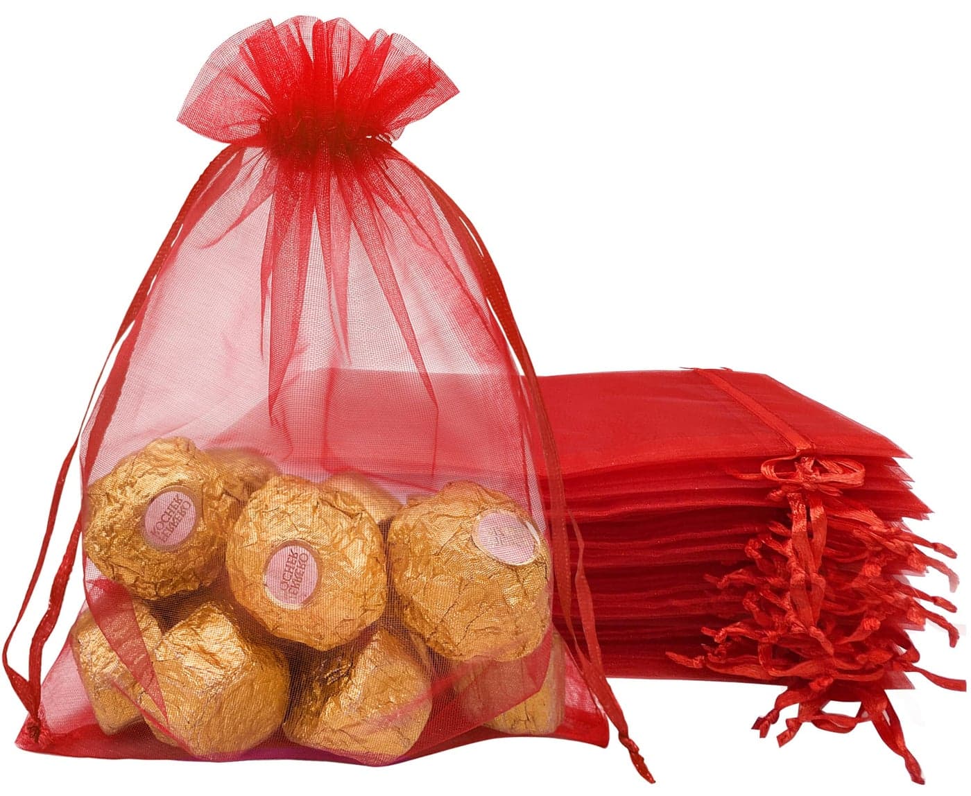 Jexila 100PCS Red Organza Bags 5X7 Sheer Christmas Mesh Drawstring Gift Bags Small for Jewelry Wedding Party Favor Goodie Candy Bags
