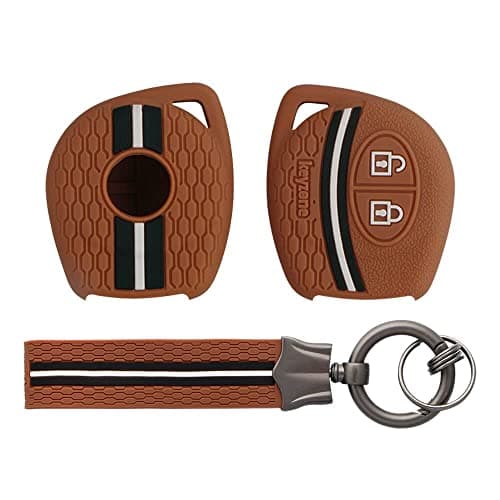 Keyzone Striped Silicone Key Cover & Keychain for Suzuki Jimny,Fronx,Swift,Dzire,Baleno,Eritga,Grand Vitara,Brezza,e-Vitara,Ciaz,WagonR,Alto,Scross,Ignis 2B Remote Key(Brown+Brown Striped Keychain)