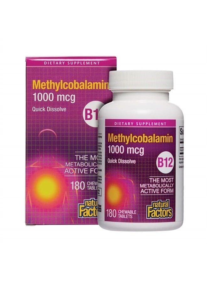, Vitamin B12 Methylcobalamin 1000 mcg, Chewable Support for Energy and Immune Health, Vegetarian, 180 tablets, 180 Tablets