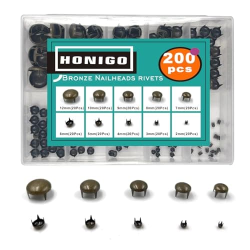 Honigo 200pcs Nailheads Dome Studs Rivets Bronze Metal Solid Brass 234567891012mm 4 Prongs Spikes Spots for Leather Craft Clothes Belt Bag Shoes Decorations Totes DIY Craft