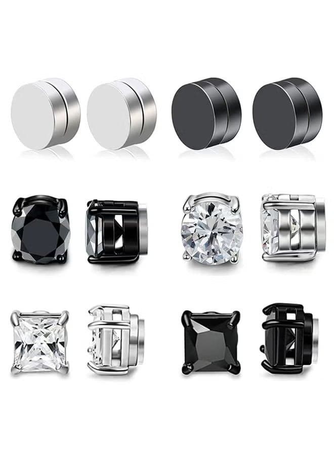 6 Pairs Magnetic Stud Earrings for Womens Mens Stainless Steel Non Piercing Magnetic Earrings Clip on Earrings Inlaid Cubic Zirconia Earrings Set 6mm