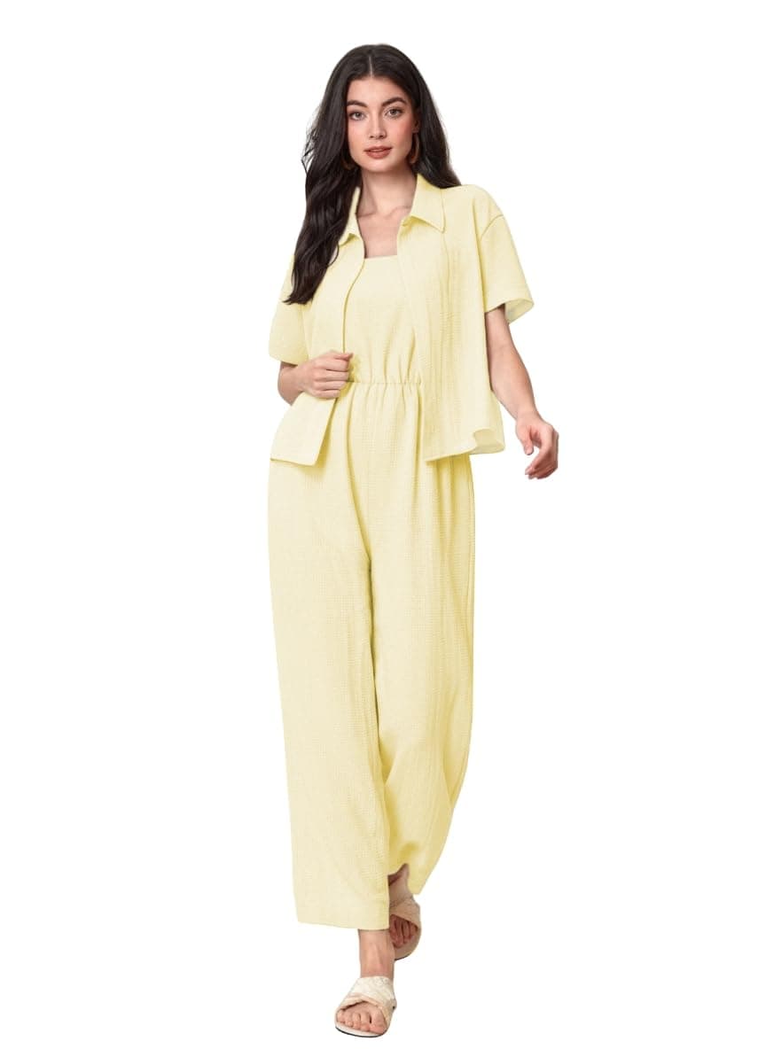 TOPLOT Women's Jumpsuit Co-ord Set | Soft Breathable Feel | Comfortable Fit with Easy Movement | Stylish One-Piece Outfit Design | Perfect for Casual & Travel (Jump-Suit-5225-Yellow-XL)