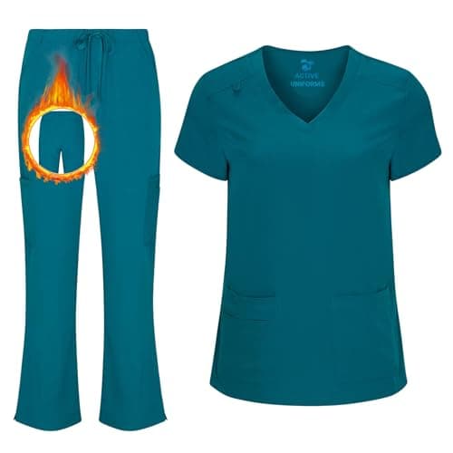 ACTIVE UNIFORMS Women's Cool Stretch V-Neck Top and Cargo Pant Scrub Set with Regular and Petite Sizes, Teal (Small)
