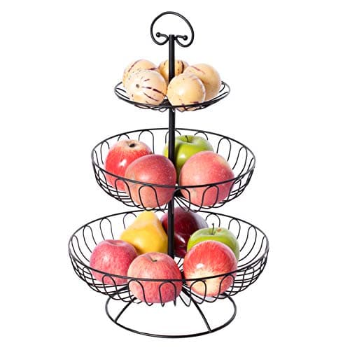 Basicwise 3 Tiers Wire Iron Basket Fruit Bowl, Black, Size:12" W x 12" D x 18.25" H