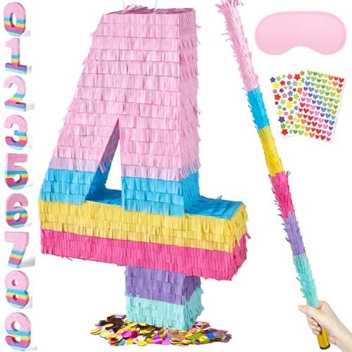 PCFING 20 Inch Number 4 Piata Candy Color with 30 Inch Piata Stick Blindfold Confetti for Boys Girls Adults Birthday Party Decorations Anniversary Celebration Fiesta