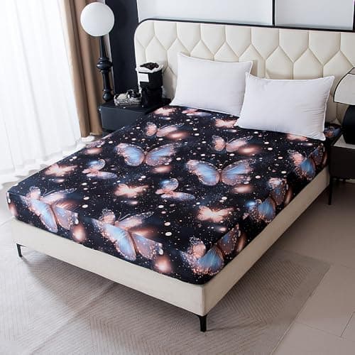 NATURETY Bedding Fitted Sheet with Deep Pocket3D Pattern Printed Fabric Bed Sheets Black Butterfly King