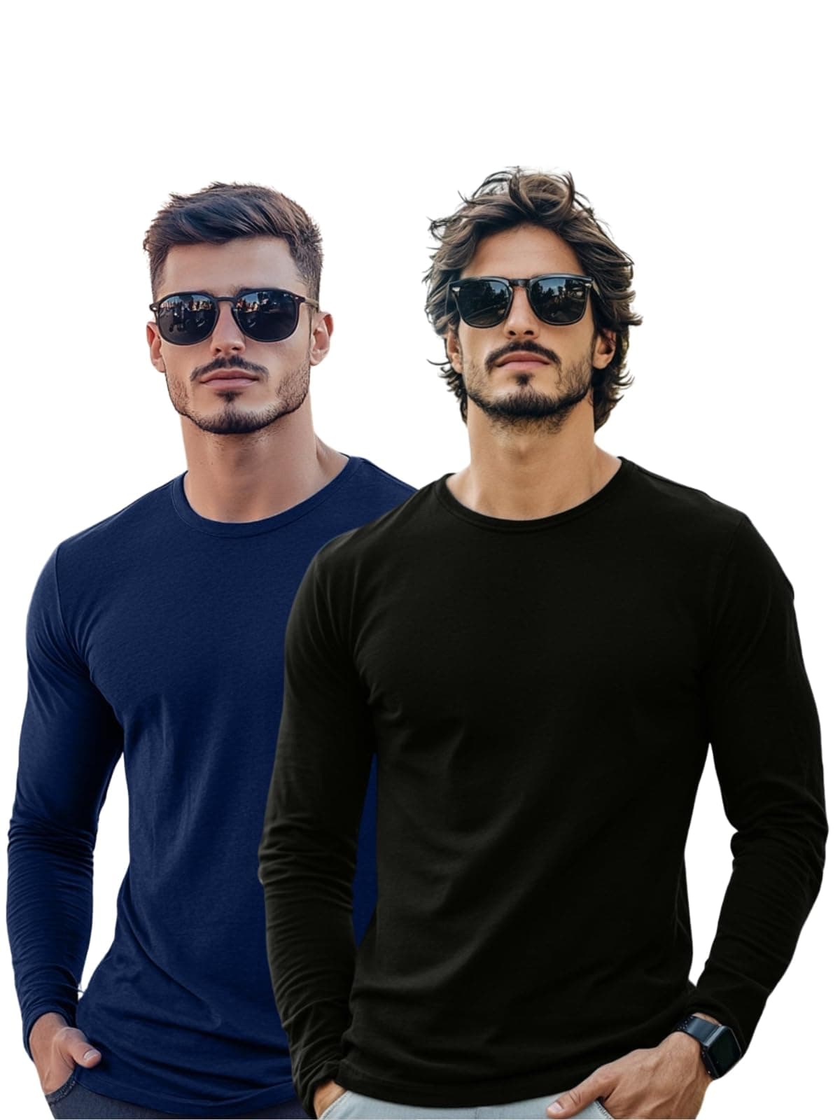Veirdo® Pure Cotton Round Neck Regular Fit Solid Full Sleeve T-Shirt Combo for Men & Boys (PO2_V_FS_NY_BK_XXL)
