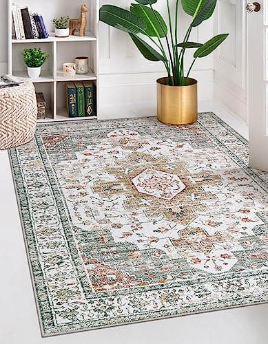 Moynesa Ultra-Thin Washable Vintage Area Rug - 5x7 Large Living Room Rug Boho Oriental Medallion Bedroom Mat Non-Slip Non-Shedding Dining Room Floor Carpet for Home Office, Teal/Mutil