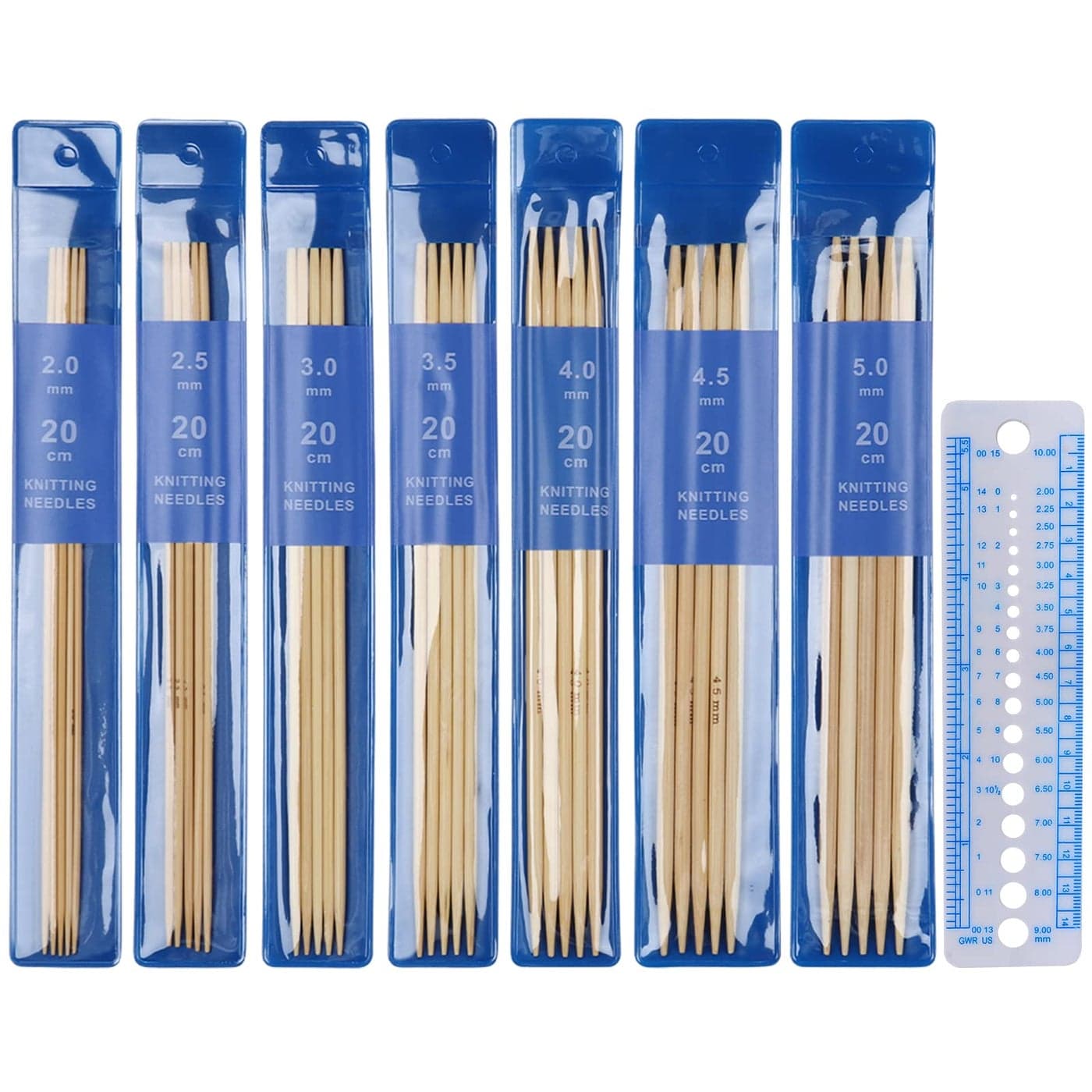 Coopay Short Double Pointed Knitting Needles Kit 20cm Bamboo Double Ended Needles 20mm to 50mm DPNs Knitting Pins Set for Beginner and Small Projects Sock Needles 35 Pack and Needle Gauge