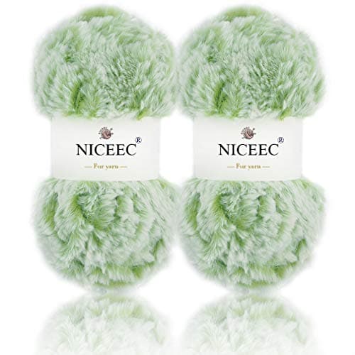 NICEEC 2 Skeins Faux Fur Yarn Super Soft, Chunky & Fluffy, Eyelash Yarn for Crochet & Knitting (Total Length 70yds,3.53oz) - Green