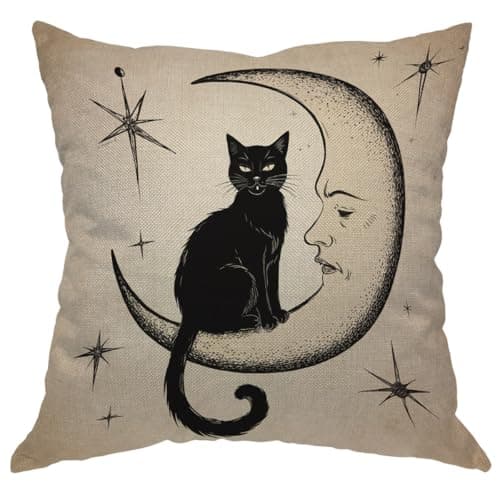 Moslion Cats Moon Throw Pillow Cover Pillow Case Black Cat Sits on The Moon Face Star Cotton Linen Pillow Case 18 x 18 Inch Cushion Cover for Sofa Living Room Light Brown