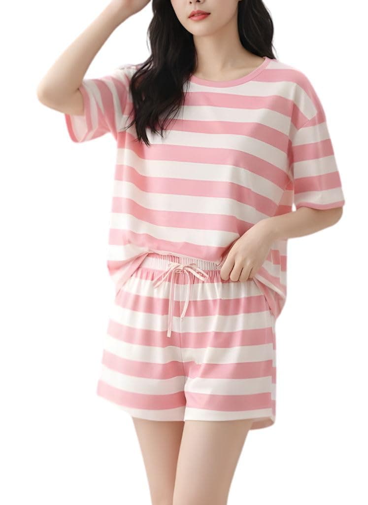 SMOWKLY Women Korean Shorts Pajama Set Cotton Blend Nightwear Set Top & Shorts Sleepwear Lounge Wear Soft Comfortable Night Suit Ladies Summer Night Dress Co-Ord Home Wear Set(1503_PNK_XL) Pink