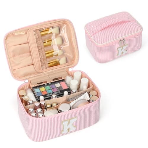 OCHEAL Makeup Bag for Women Monogram Cosmetic Bag Pink Travel Makeup Case Beauty Toiletry Bag Organizer Personalized Gifts for Girls Bridesmaid Sister Wife Friends Initial K