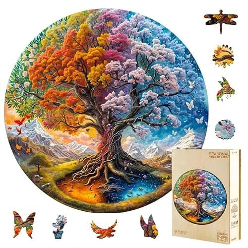 Jollitot Wooden Puzzles Adults Seasonal Tree of Life Wooden Puzzles 200 Pieces Unique Animal Shaped Wood Challenging Jigsaw Christmas Puzzles Gifts for Adults 114x114in