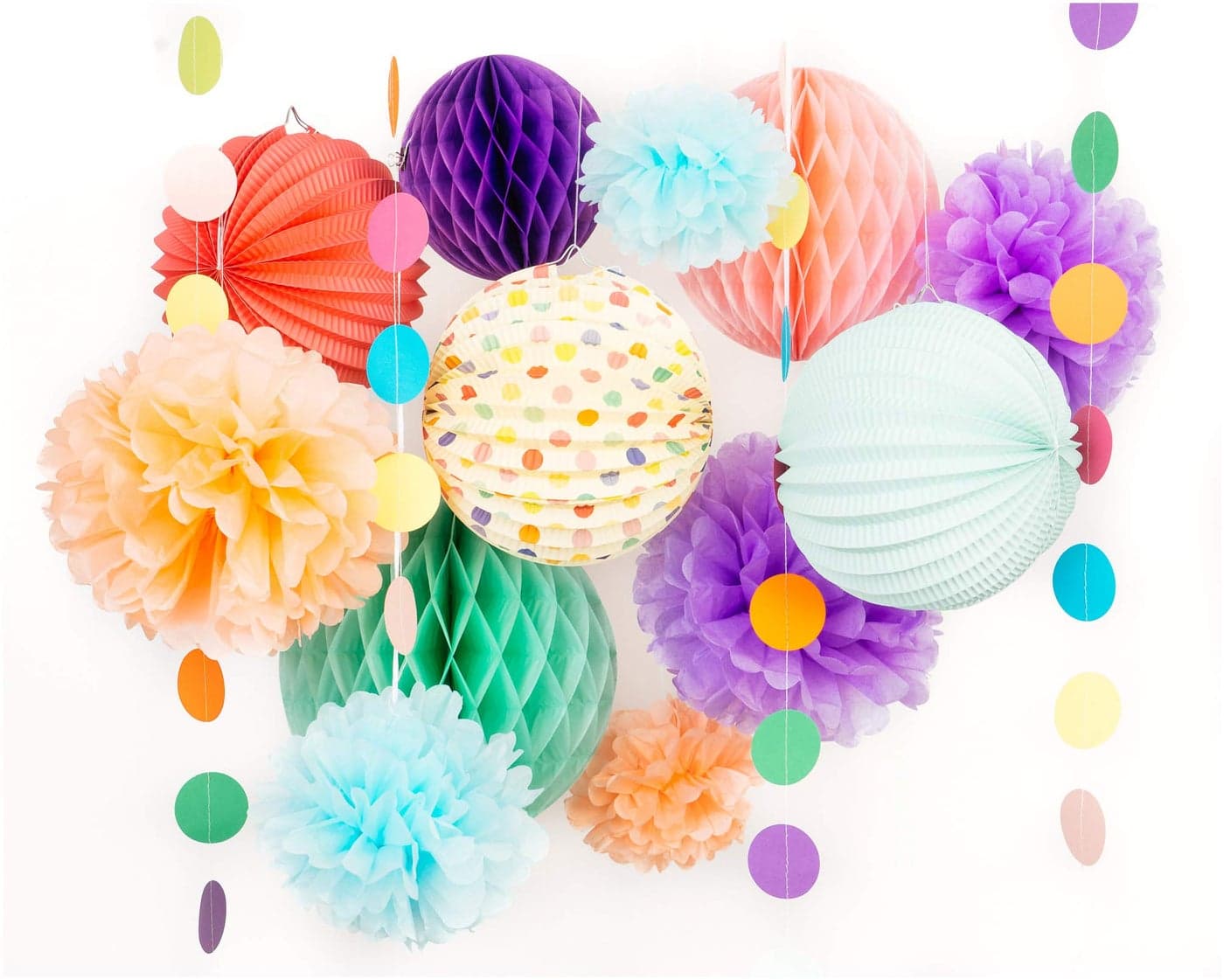 PapaKit Premium Paper Decoration Set Pom Pom Honeycomb and Accordion Lantern Festive Colors Birthday Party Baby Shower Bride to Be Engagement Wedding Events