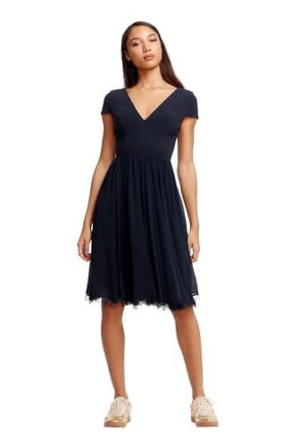 Dress the Population Womens Corey Cap Sleeve Plunge Neck Fit and Flare Knee Length Dress, Midnight, Medium US