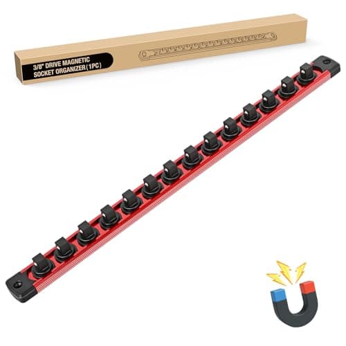 GOOACC Magnetic Socket Organizer 3/8 Inch Socket Holder with 14 360° Swivel Clips Heavy Duty Aluminum Socket Rail Organizer for Tool Box Drawer, Red 1 Piece 3/8" Drive Magnetic Socket Rails Holders