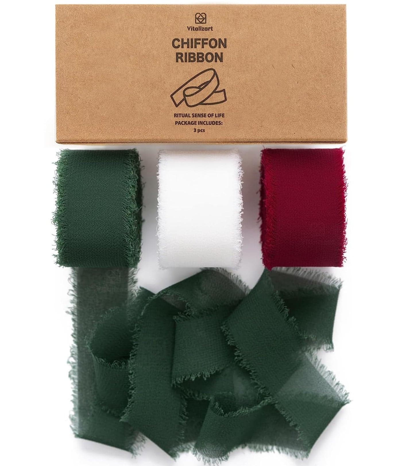 Vitalizart Christmas Ribbon Chiffon Silk Fringes 1 x 21 Yd Fabric Package 3 Rolls 7 Yd for Wedding Invitations Bridal Bouquets Decorations Gifts Wrapping Bow Making Green Red White