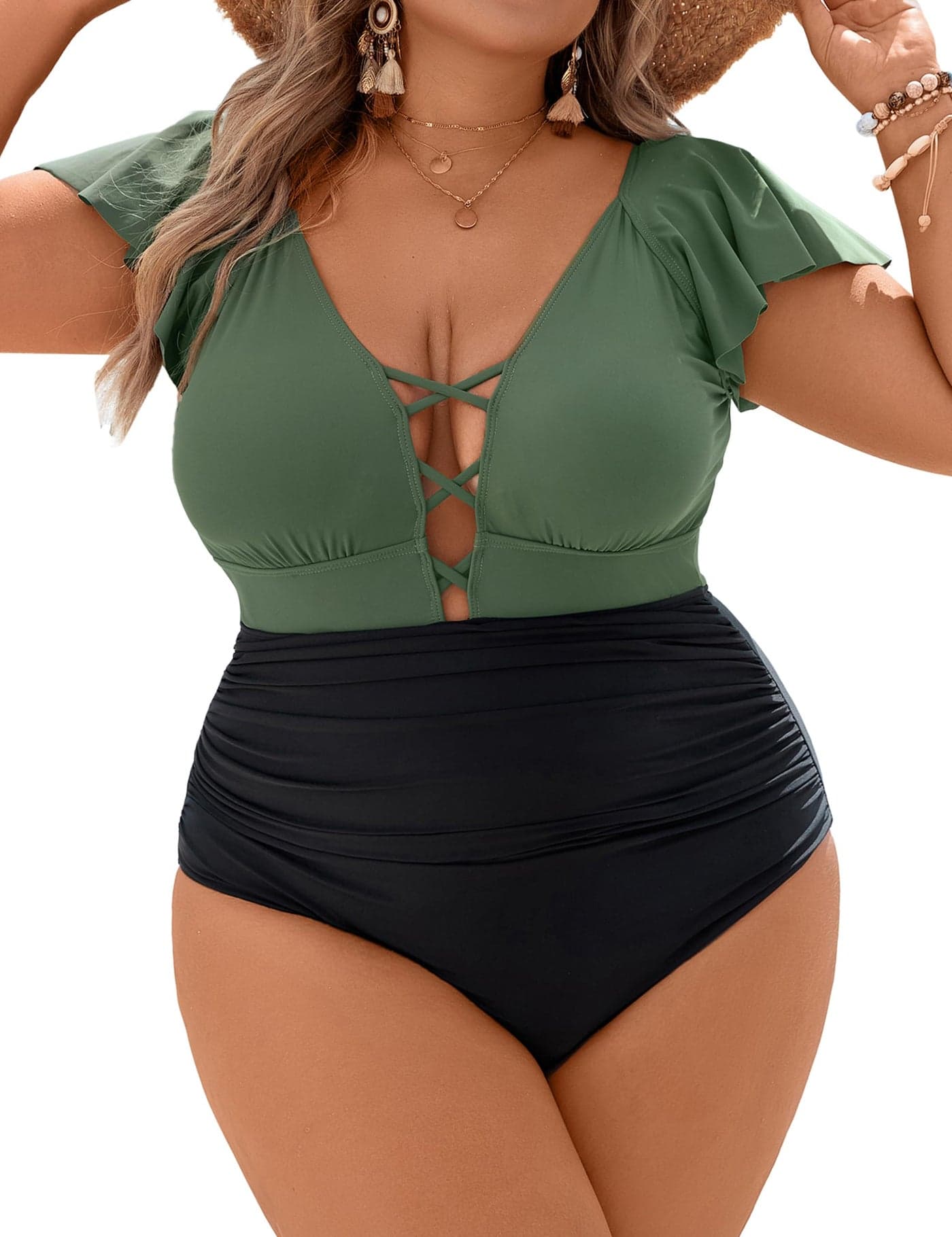 Blooming Jelly Women's Plus Size One Piece Swimsuits Tummy Control Bathing Suit Ruffle Cute Swimwear 2024(Black and Army Green,XX-Large)
