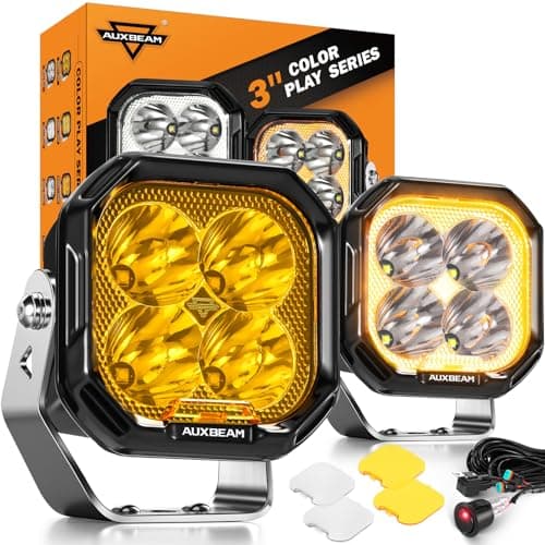 Auxbeam Color Play Series Spot Beam 3" 100W LED Pods, Amber White DRL & Turn Signal, Dual Color Lens Covers, 11600LM Cube Lights Offroad Fog Bumper Ditch Lights, for 4x4 Jeep Ford Polaris Can-am