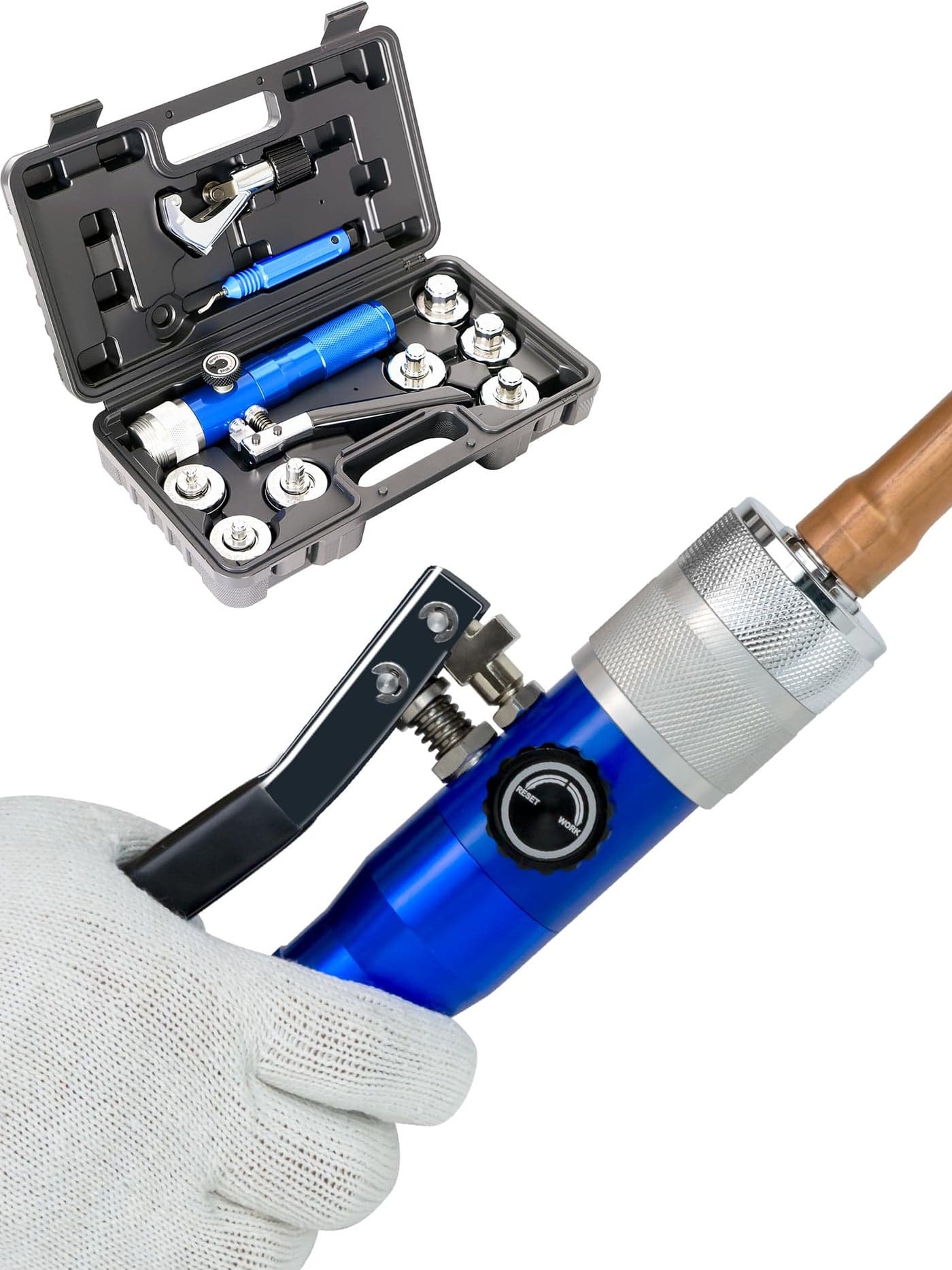 AMZCNC Hydraulic Tube Expander Compact Swaging Tool Kit with Tube Cutter, Deburring Tool and 7 Expander Heads for 3/8 to 1-1/8 Inches Copper Pipes HVAC Expander Tools (3/8“~1-1/8”), CT-300