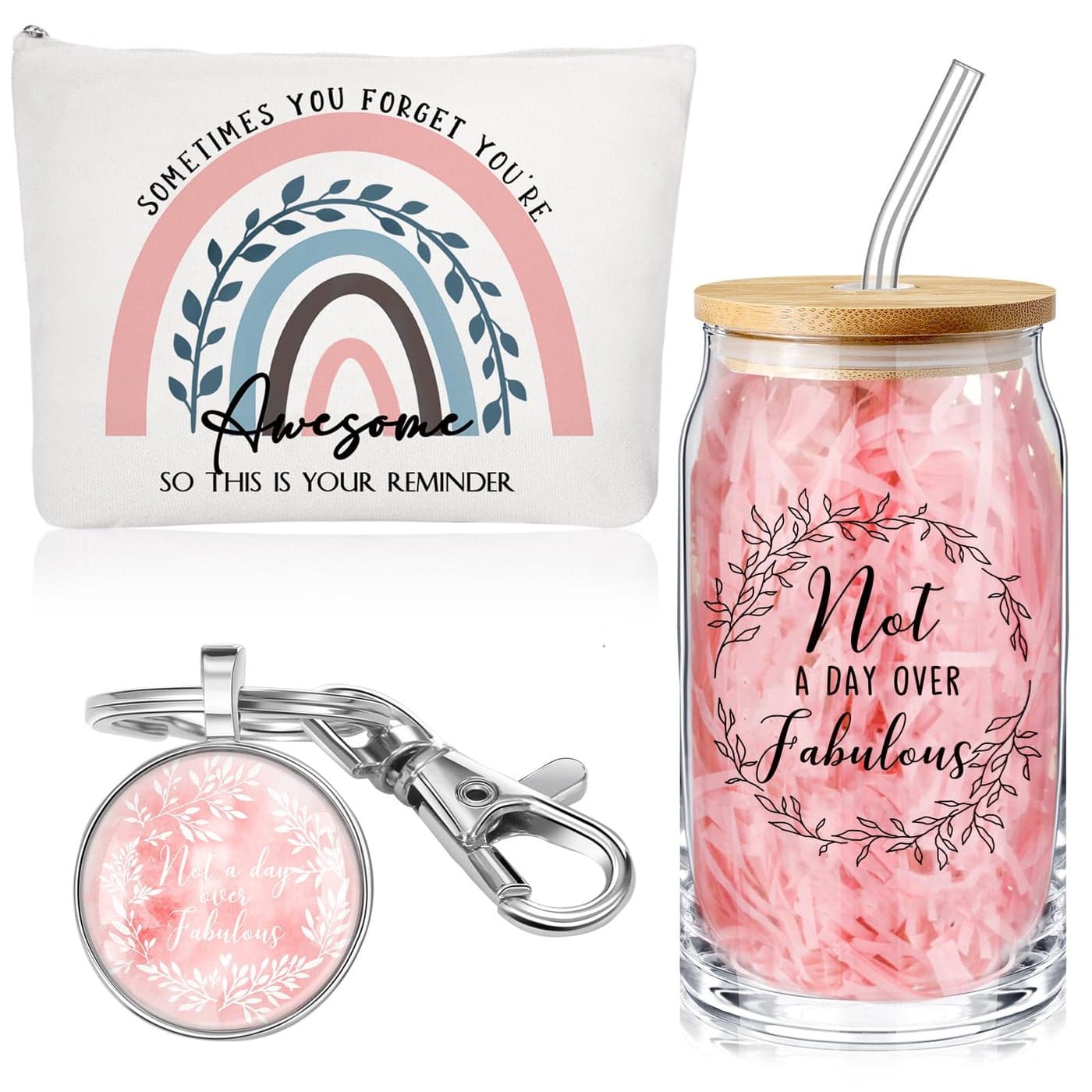 Yaomiao 3 Pcs Not A Day Over Fabulous Gifts for Women Teacher Birthday Gifts for Her Wife Mom Sister Coworkers Grandma 16 oz Glass Cup Makeup Bag Keychain Pink
