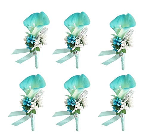ChezMax Calla Lily Blue Boutonniere Handmade Silk Flower with Ribbon Corsage for Bride Groom Wedding Party 6 Packs