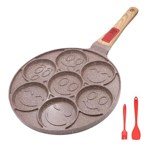 RANX INGST Ceramic Pancake Pan Induction, Nonstick Pancake Griddle with Detachable Handle 7 Hole Smiley Face Pancake Mold - Brown