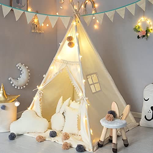 TreeBud Kids Teepee Tent with Padded Mat Banner Fairy Lights Yarn Ball Carry Bag Beige Cotton Canvas Play Tent for Child with Tassels Lace Play House Tipi for Kids Room Decor