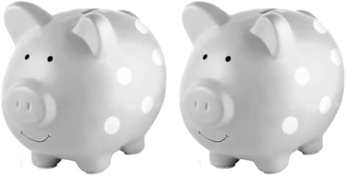 Pearhead Large Ceramic Piggy Bank Ideal for Boys and Girls Kids Money and Coin Bank Perfect Baby Boy Nursery Dcor Great Gift and Newborn Keepsake Gray with White Polka Dots Pack of 2