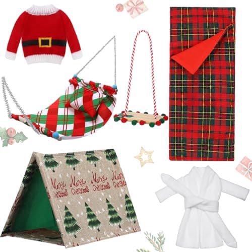 Liliful 6 Pcs Christmas Elf Accessories Include Christmas Sleeping Bag Xmas Camping Tent Sweater Bathrobe Swing Hammock Xmas Gifts Accessories for Dollhouse Party SuppliesElegant