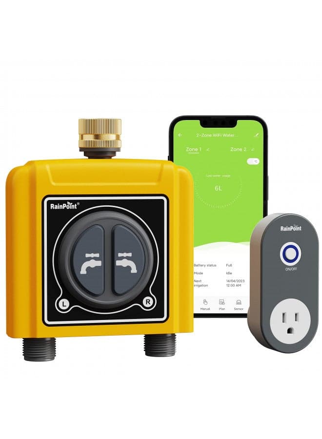 RAINPOINT Sprinkler Timer WiFi Water Timer with Brass Inlet, 2 Outlets Smart Hose Timer,Automatic Irrigation System Controller, APP & Voice Control, Irrigation by Weather/Quantity/Soil Moisture