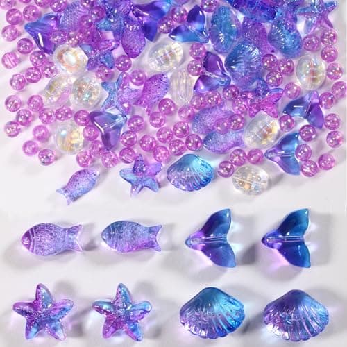 150pcs Glass Beads for DIY Crafts Purple Ocean Shell Starfish Fish Sea Turtle Mermaid Tail Beads for Bracelet Necklace Earrings Ankle Aesthetic Summer Beach Jewelry Making Handmade Gift for Women
