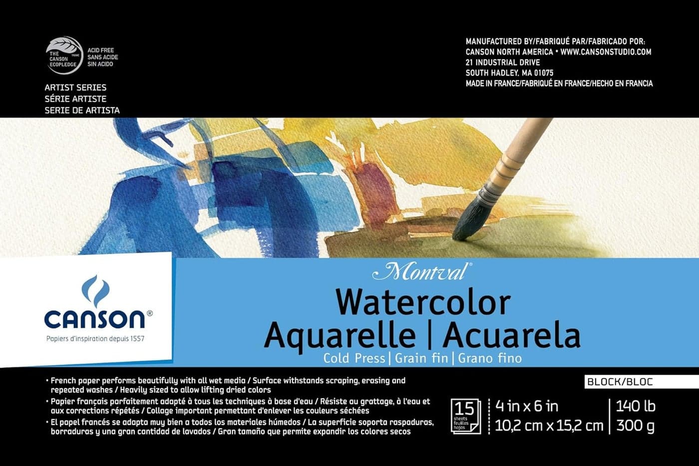 Canson Artist Series Montval Watercolor Paper Fold Over Block 4x6 inches 15 Sheets 140lb300g Artist Paper for Adults and Students Watercolors Mixed Media Markers and Art Journaling