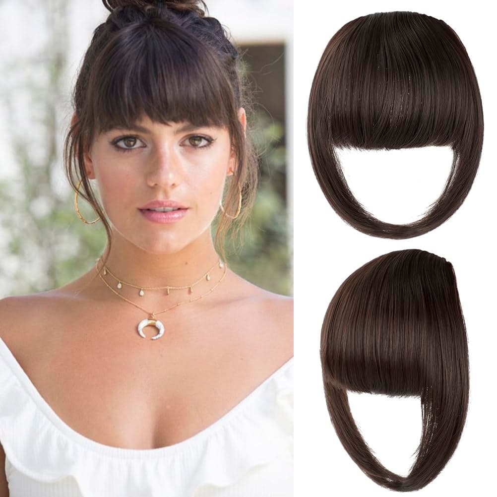 Bangs Hair Clip in Extensions French Bang Natural Full Fake Bangs Straight Fringe Hairpieces with Temples for Women Daily Wear Wigs Medium Brown