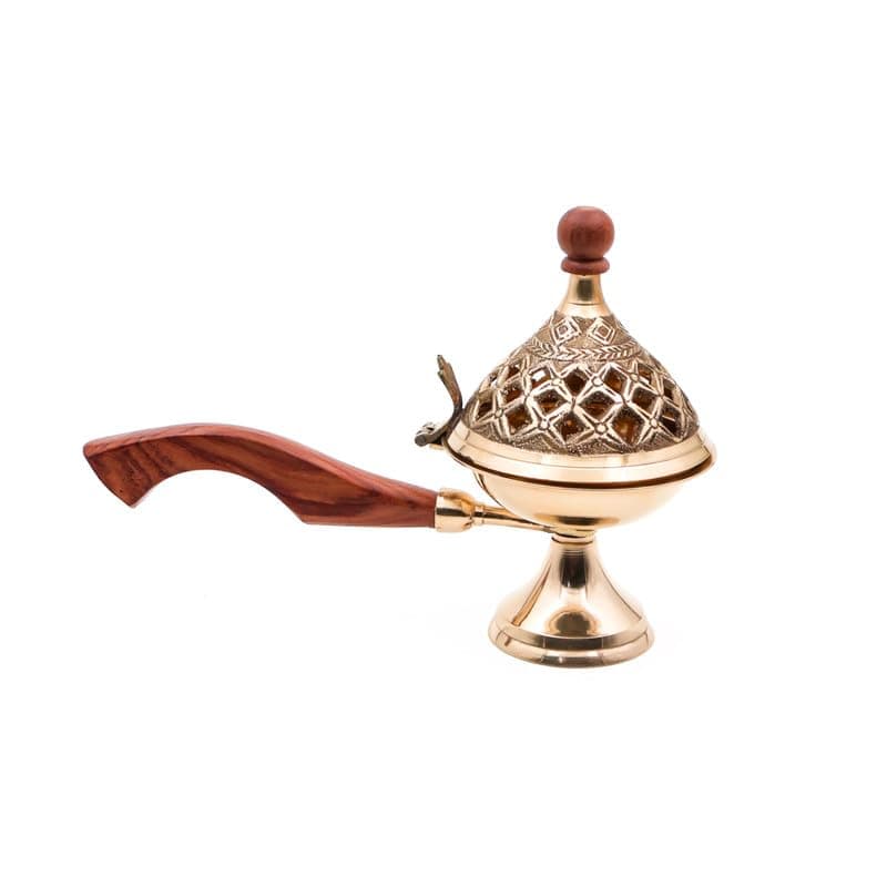 DOKCHAN Brass Jali dhuni | Dhuna with Wooden Handle | Loban Burner with Wooden Handle | Charcoal Burner | Incense Burner for All Pooja & Rituals (Size : 18.5cm | Weight : 190gm)