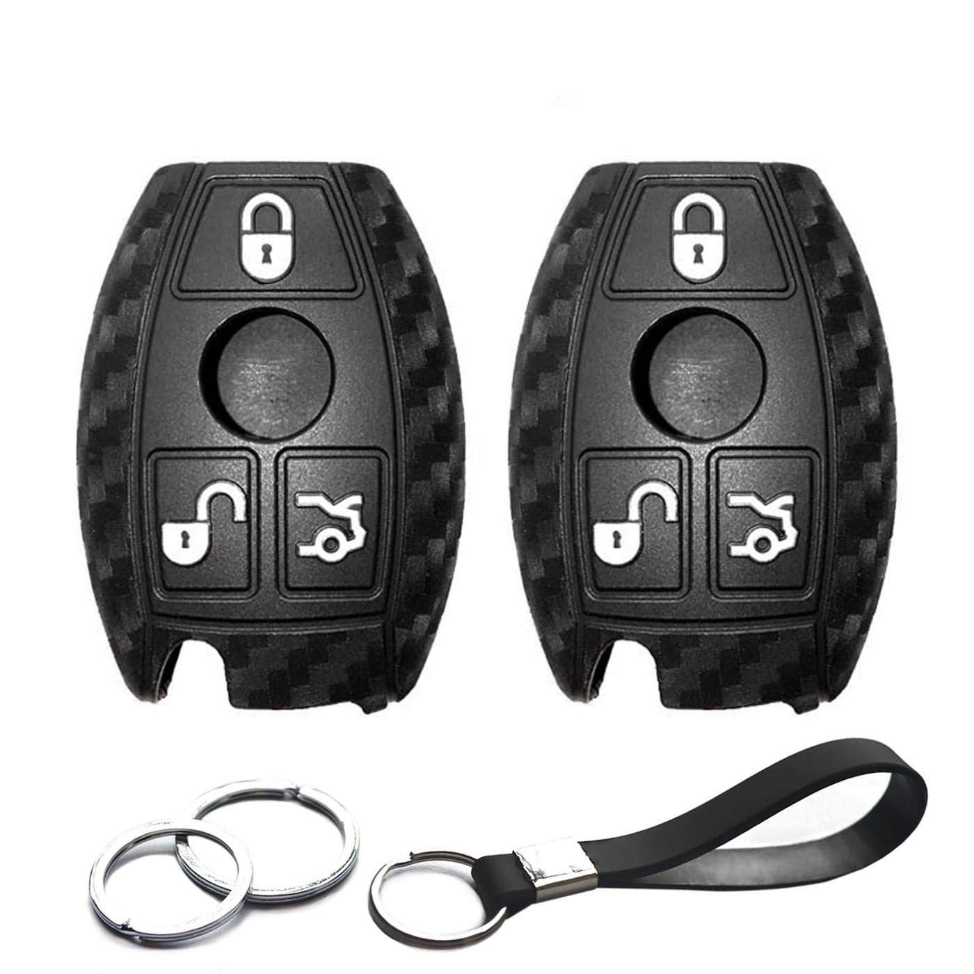 INFIPAR 2pcs Compatible with Mercedes Benz C CLK CL E GL GLK ML R S SL SLK Class Smart Key Fob Cover Case Key Chain Carbon Fiber Looks Rubber Protector Keyless Remote Holder Jacket
