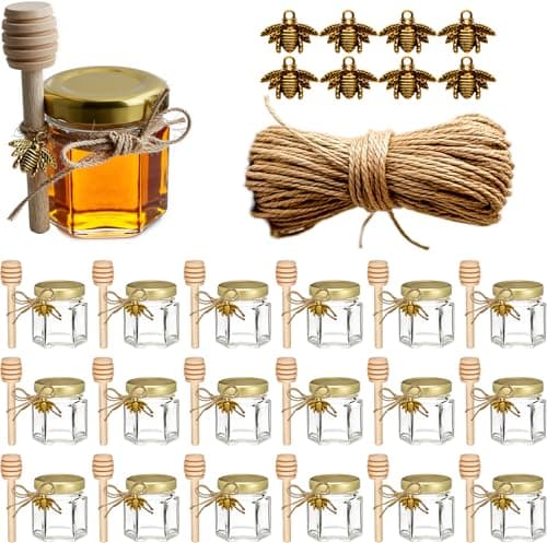 Adabocute Honey Pot, Mini Honey Jars with Dipper, Glass Honey Jars Baby Shower Favors, Party Favors & Wedding Favors, Gold Lid, Bee Pendants, Gold Organza Bags, 20 Pack 1.5oz