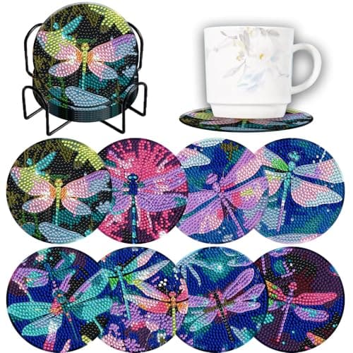 Demonwer 8 Pieces Dazzling Dragonfly Diamond Coasters Kits with Holder DIY Colorful Dragonfly Diamond Art Coaster Coaster for Gifts Beginner Adults Kids Art Table Home Craft Gift Supplies