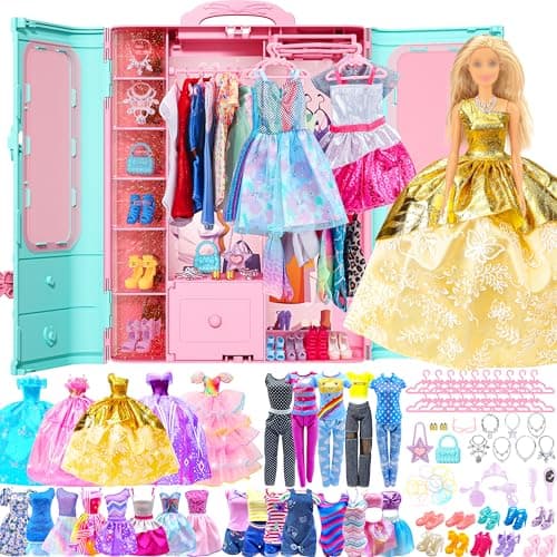 Style Shine 70 Pcs Doll Closet with Clothes Accessories Set2 Wedding Gowns 6 Fashion Dresses 2 Casual Outfits 2 Swimsuit 10 Shoes 20 Hanger 27 AccessoriesDress up Toys for Girls Kids Birthday Gift