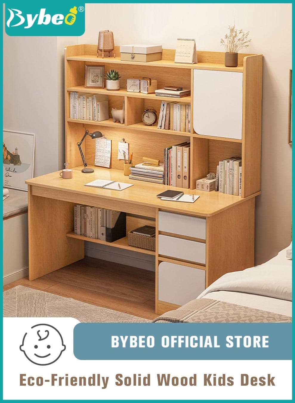 Kids Desks, Kid Study Table, Wooden Computer Desk, Heightened Children Desk, Multifunctional Children's Reading Activity Desk, with Multi-Tier Large-Capacity Bookshelf, for Student Write Study and Home Office, 120x164x45cm